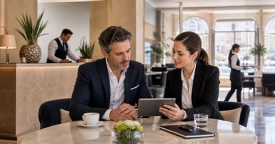 Hotel manager and recruitment consultant reviewing hospitality manpower needs in a Malta hotel lobby