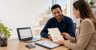 Candidate reviewing Malta pre-departure course certificate documents with a recruitment advisor