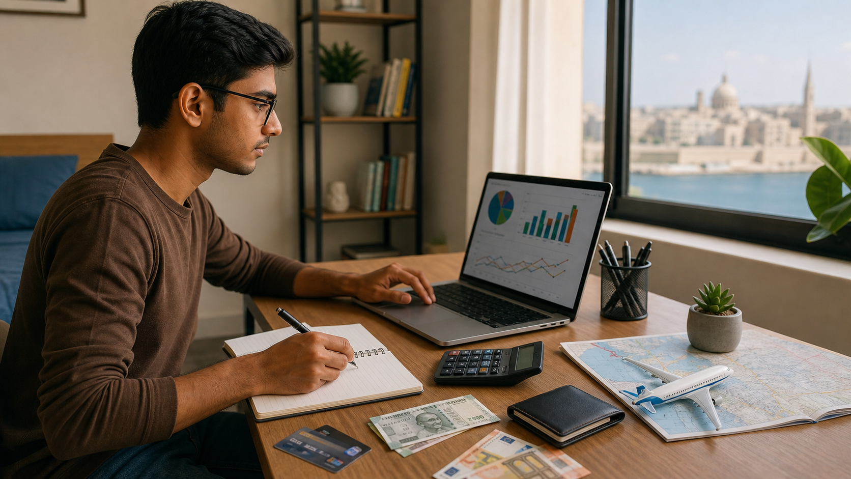 Indian student reviewing Malta study budget on a laptop