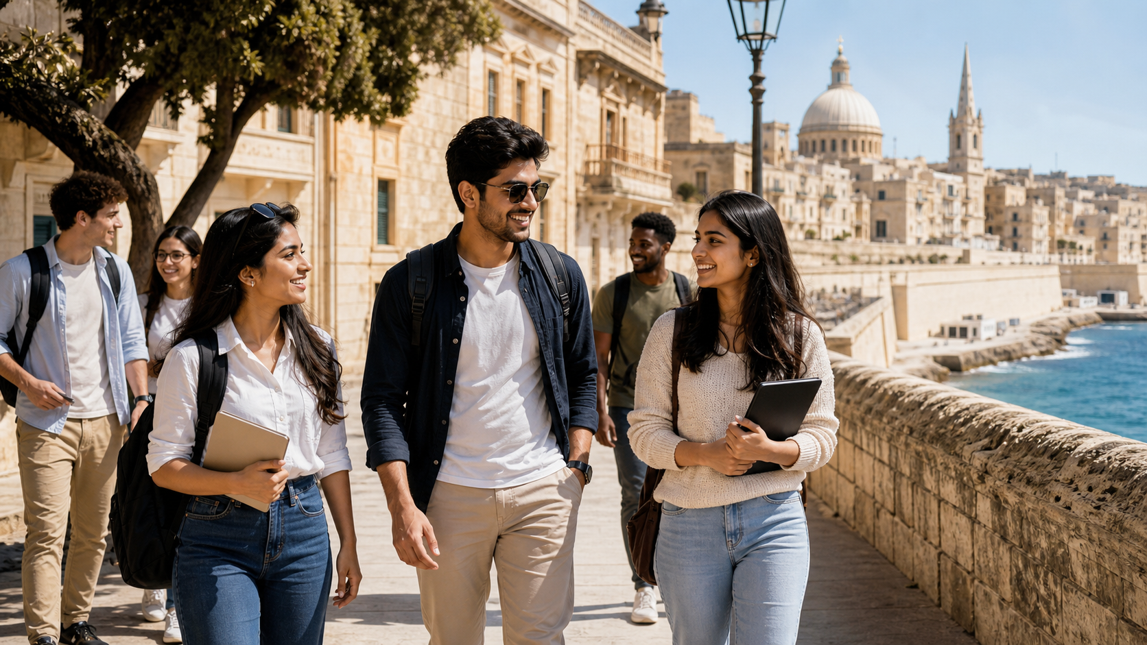 Indian and international students walking in Malta after class