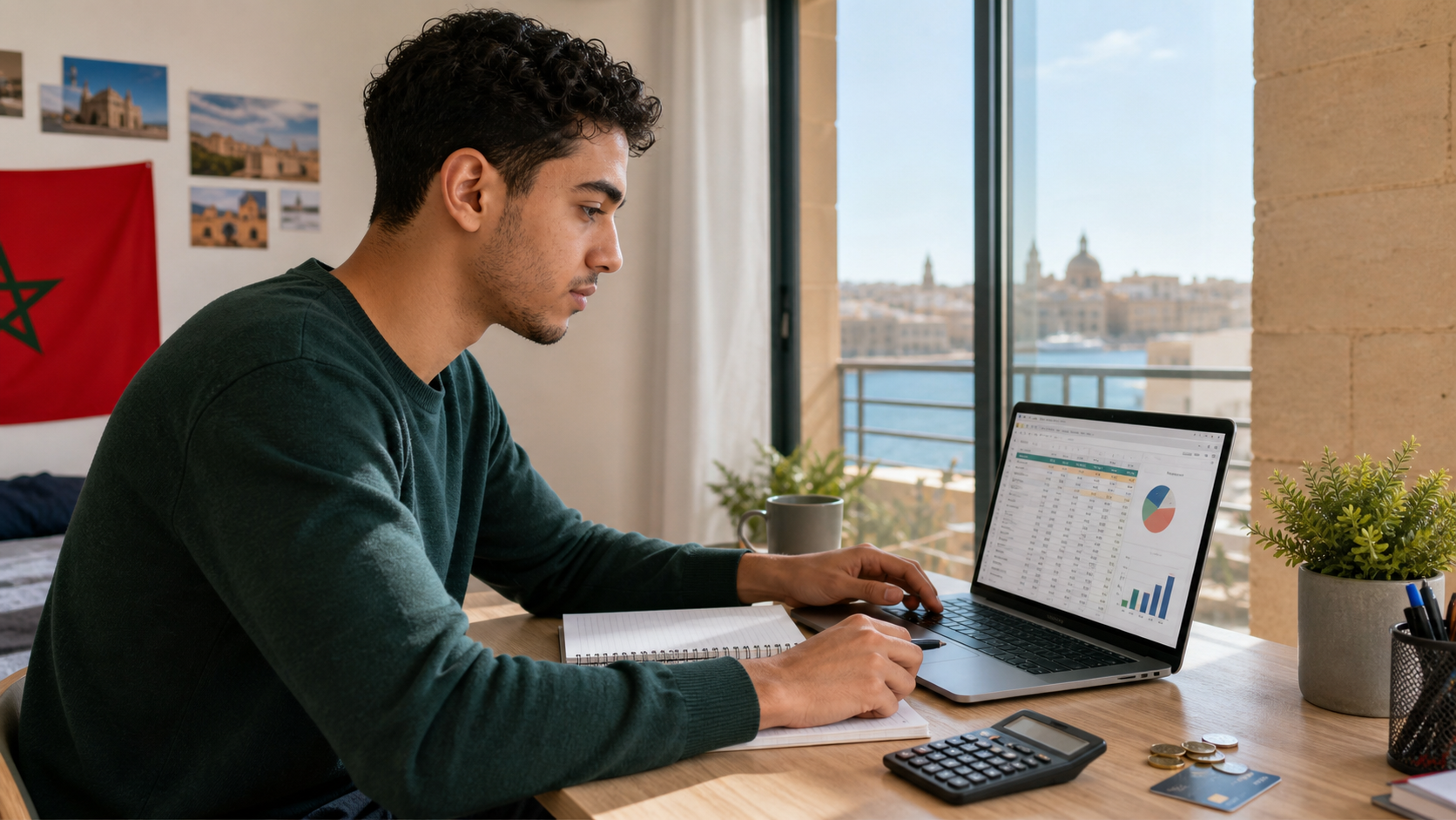 Student reviewing a Malta study budget on a laptop