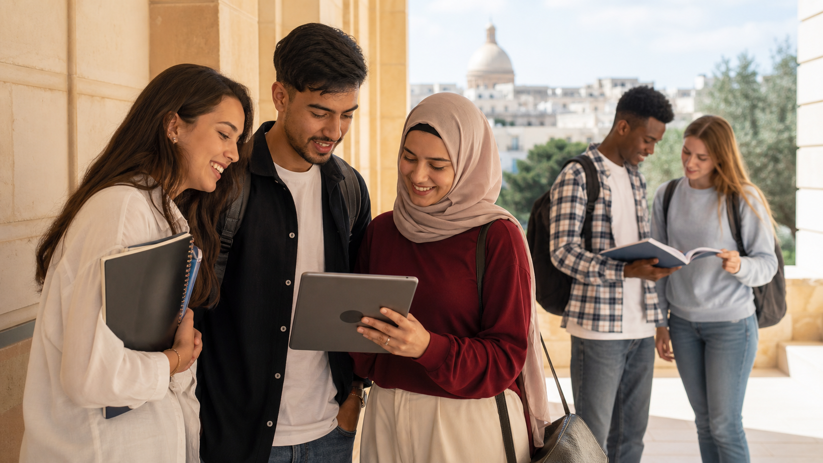 Moroccan students comparing study programs at a Malta college