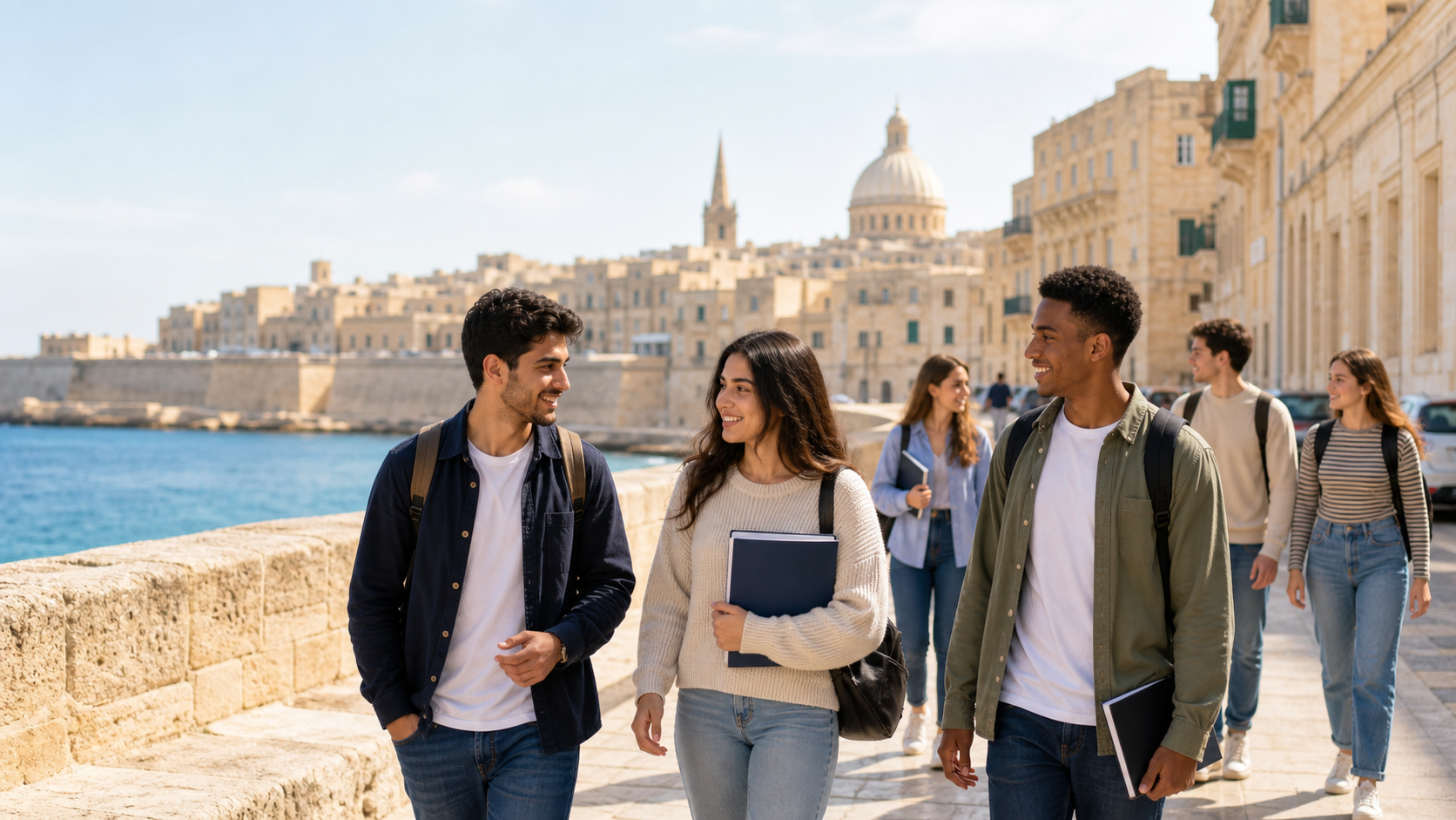International students walking in Malta after class