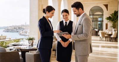 Recruitment consultant, hospitality candidate, and hiring manager reviewing opportunities in a bright Malta hotel setting
